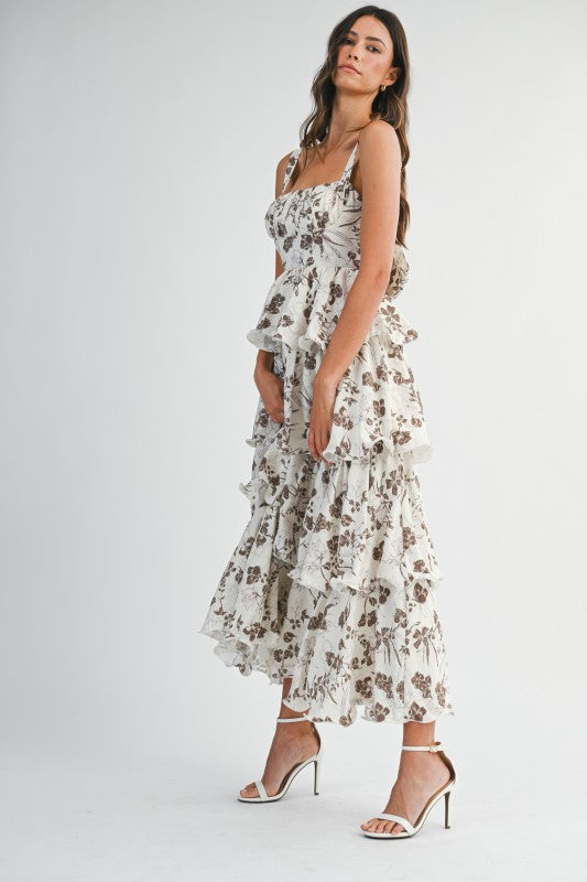 RUFFLE FLORAL MIDI STATEMENT DRESS