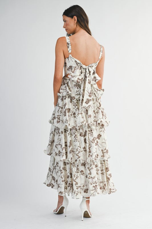 RUFFLE FLORAL MIDI STATEMENT DRESS