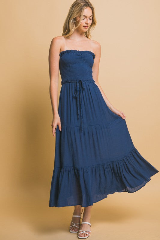 NAVY BLUE STRAPLESS MIDI DRESS