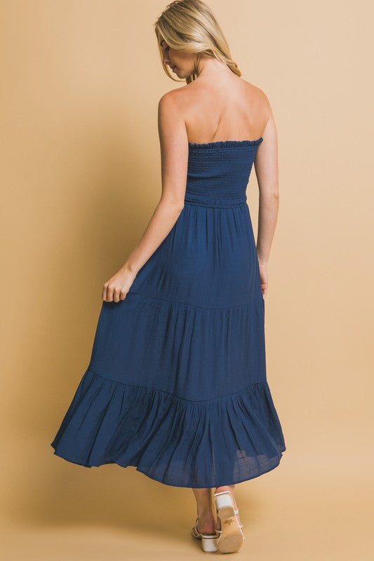 NAVY BLUE STRAPLESS MIDI DRESS