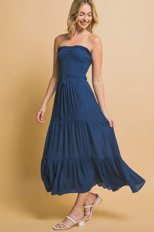 NAVY BLUE STRAPLESS MIDI DRESS