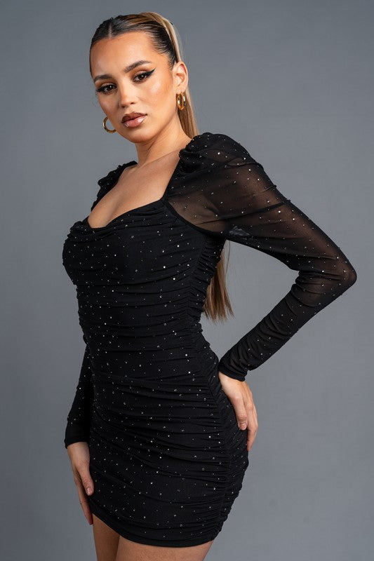 LONG SLEEVE LUXE MESH RHINESTONE MINI DRESS