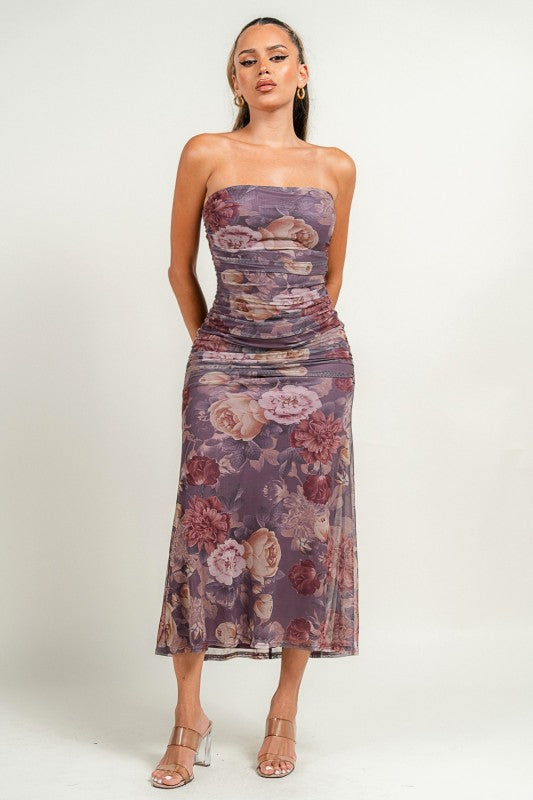 MESH FLORAL STRAPLESS MIDI DRESS