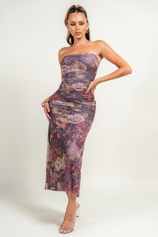MESH FLORAL STRAPLESS MIDI DRESS