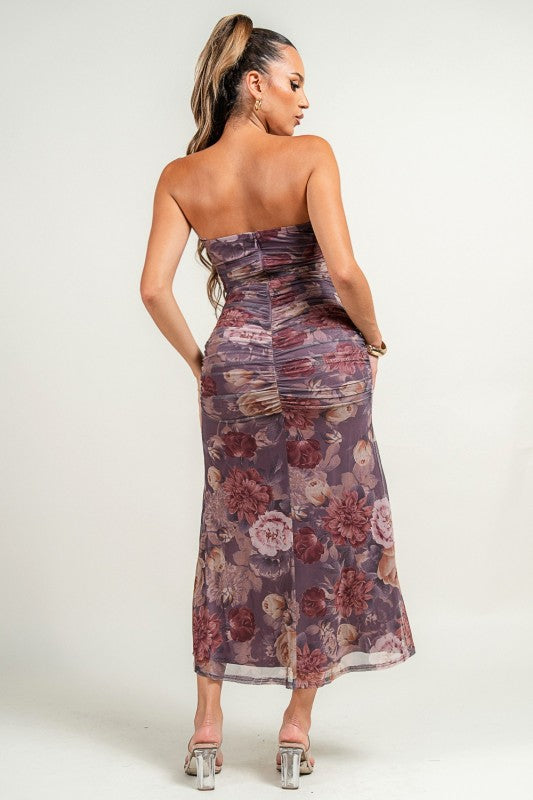 MESH FLORAL STRAPLESS MIDI DRESS