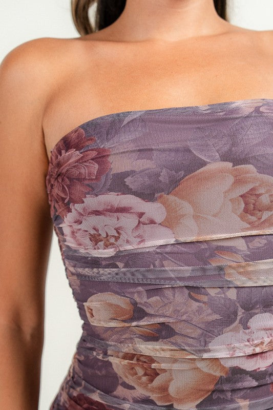 MESH FLORAL STRAPLESS MIDI DRESS
