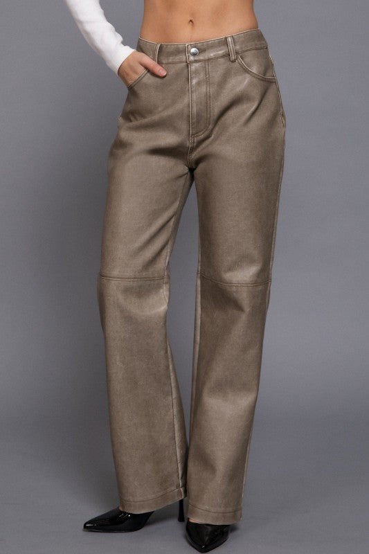 WASHED FAUX LEATHER LONG PANTS