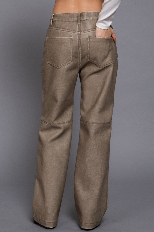 WASHED FAUX LEATHER LONG PANTS