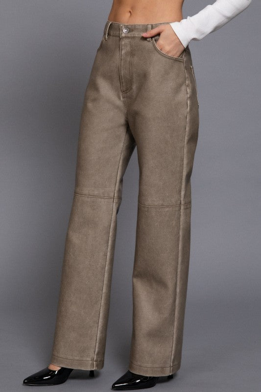 WASHED FAUX LEATHER LONG PANTS