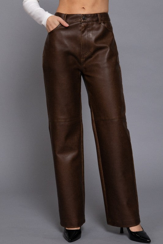 WASHED FAUX LEATHER LONG PANTS