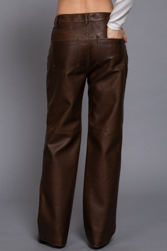 WASHED FAUX LEATHER LONG PANTS