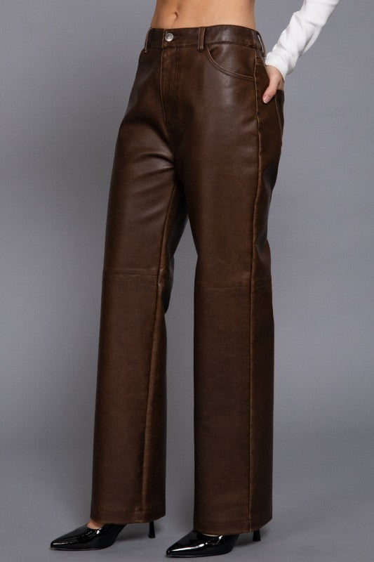 WASHED FAUX LEATHER LONG PANTS
