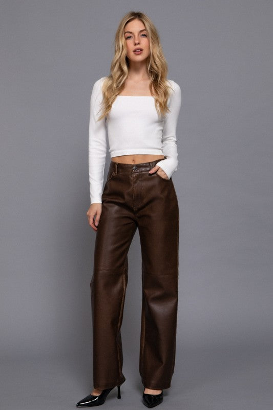WASHED FAUX LEATHER LONG PANTS
