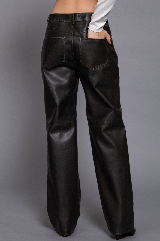 WASHED FAUX LEATHER LONG PANTS
