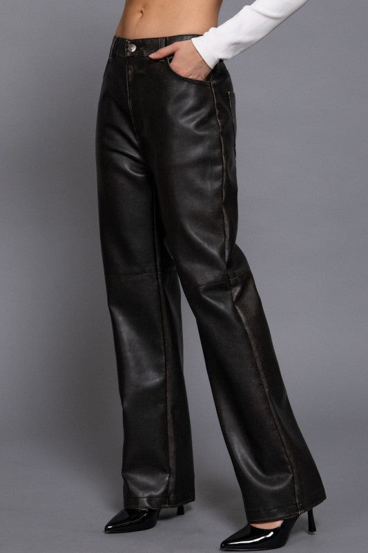 WASHED FAUX LEATHER LONG PANTS