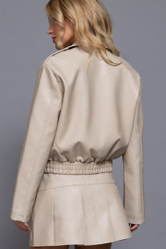 LONG SLEEVE WASH EFFECT FAUX LEATHER