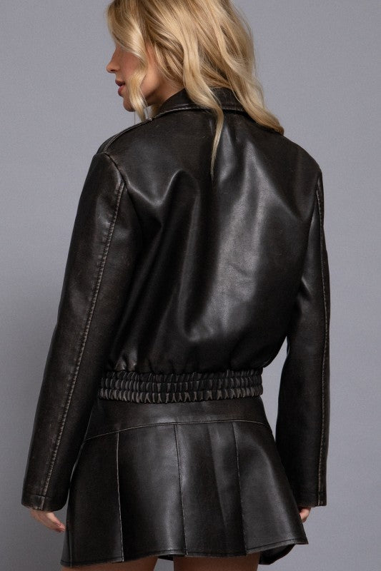 LONG SLEEVE WASH EFFECT FAUX LEATHER JACKET