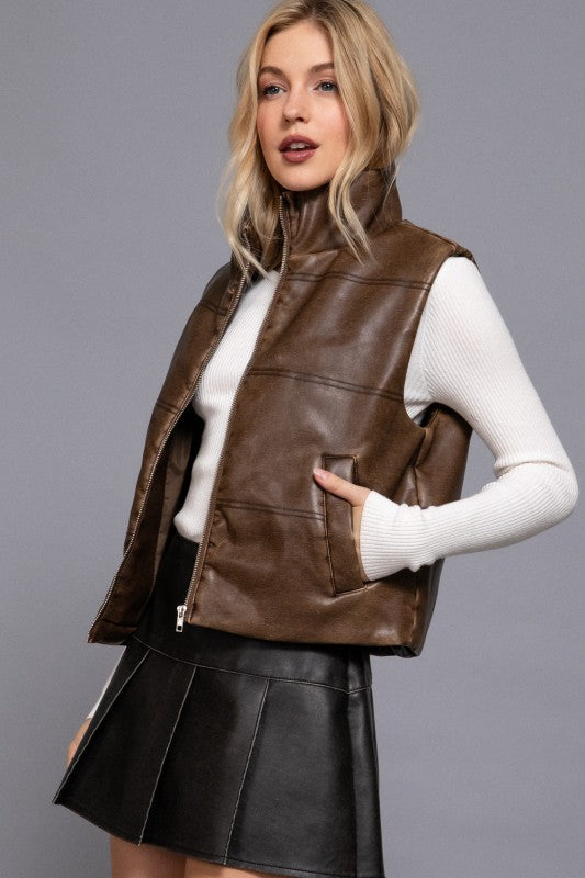 WASH EFFECT FAUX LEATHER VEST