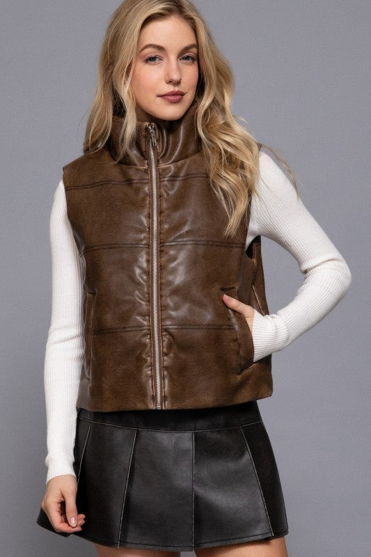 WASH EFFECT FAUX LEATHER VEST