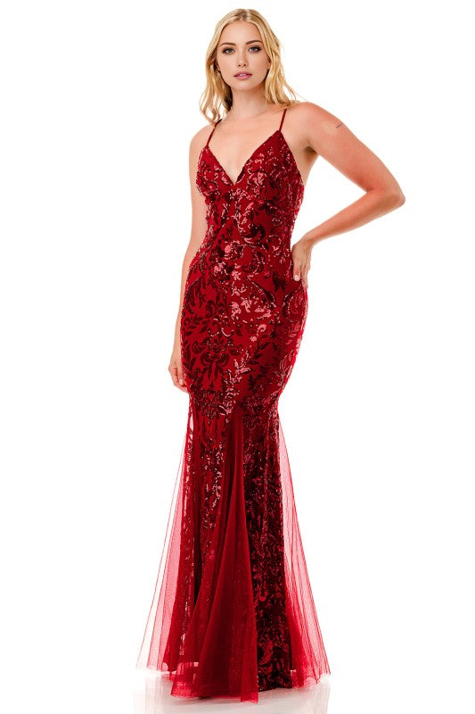 SEQUIN MERMAID TULLE DETAIL GOWN