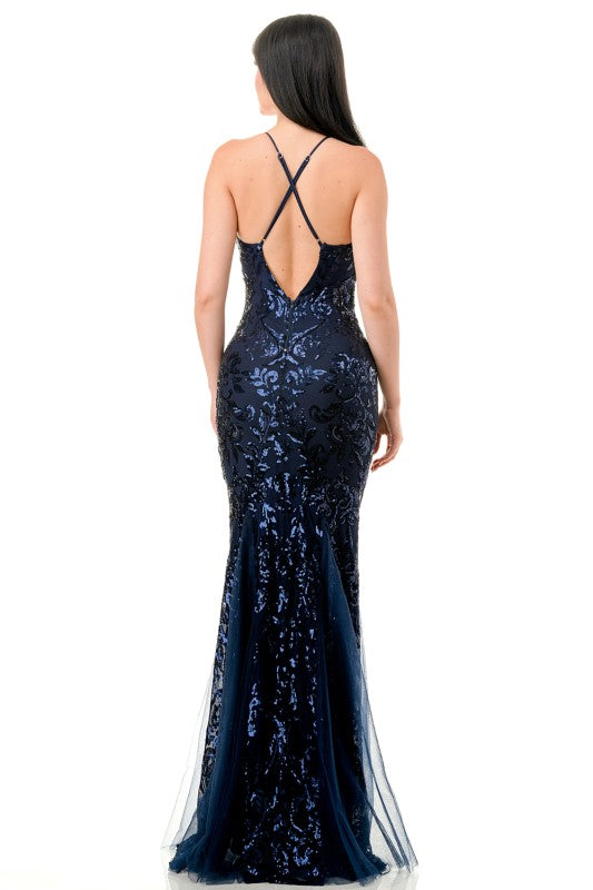 SEQUIN MERMAID TULLE DETAIL GOWN