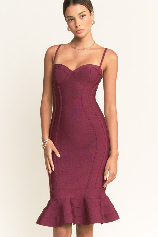 LUXE BANDAGE PEPLUM SKIRT BUSTIER TOP BODYCON MIDI DRESS