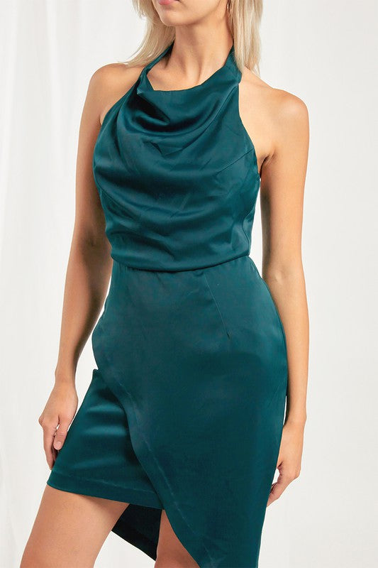 HALTER NECK SATIN MIDI DRESS