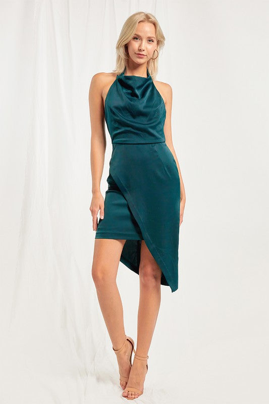HALTER NECK SATIN MIDI DRESS