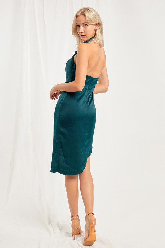 HALTER NECK SATIN MIDI DRESS