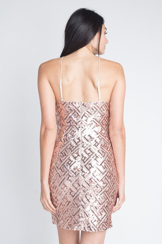 FITTED ROSE GOLD SEQUIN HALTER DRESS