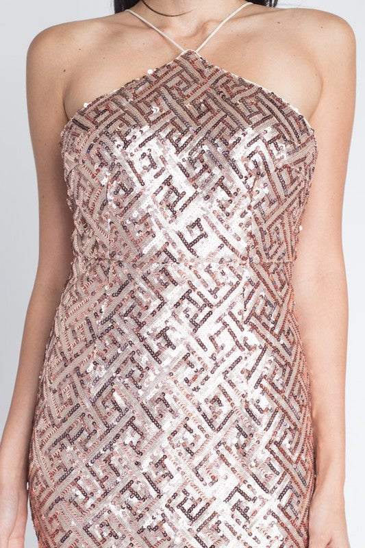 FITTED ROSE GOLD SEQUIN HALTER DRESS