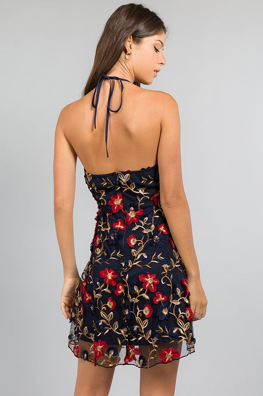 3D FLORAL FIT AND FLARE HALTER DRESS