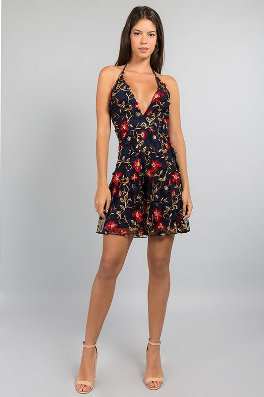 3D FLORAL FIT AND FLARE HALTER DRESS