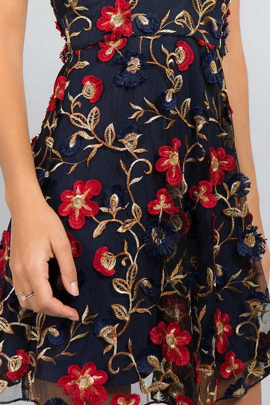 3D FLORAL FIT AND FLARE HALTER DRESS