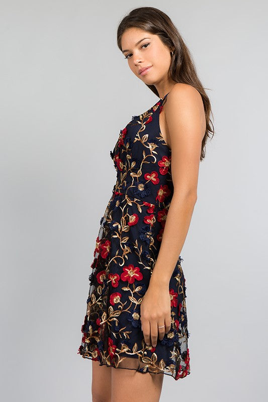 3D FLORAL FIT AND FLARE HALTER DRESS