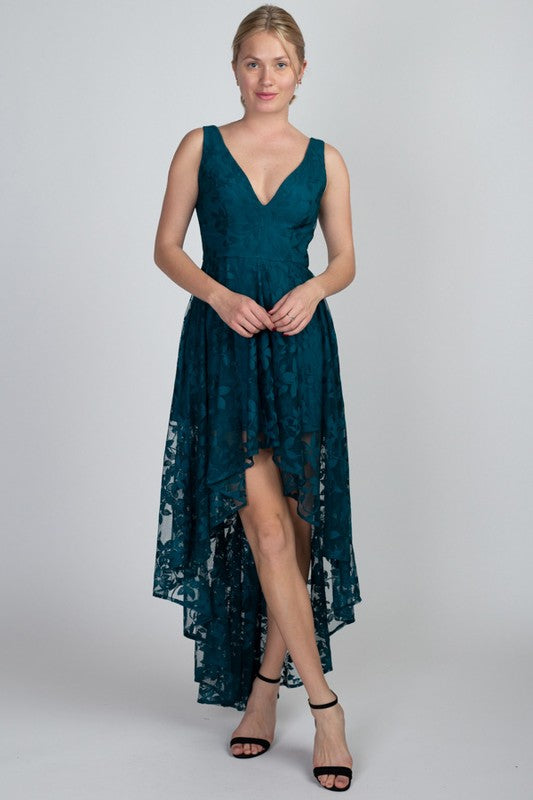 FIT AND FLARE HIGH-LOW FLORAL DRESS