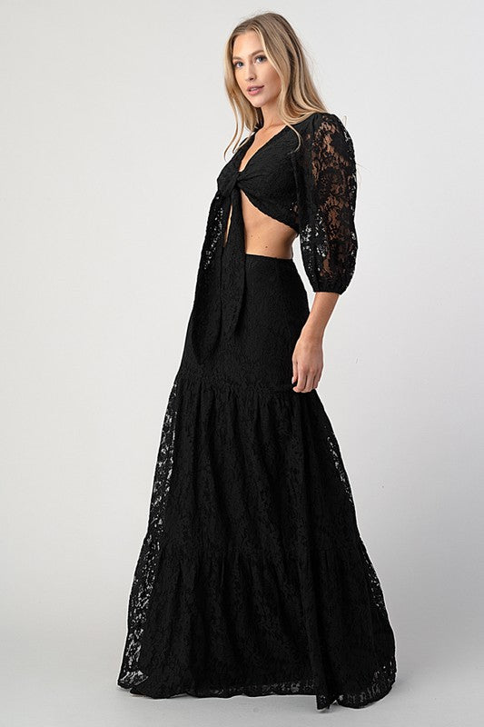 LACE 2 PCS MAXI SKIRT AND CROP FRONT TIE 3/4 SLEEVE TOP