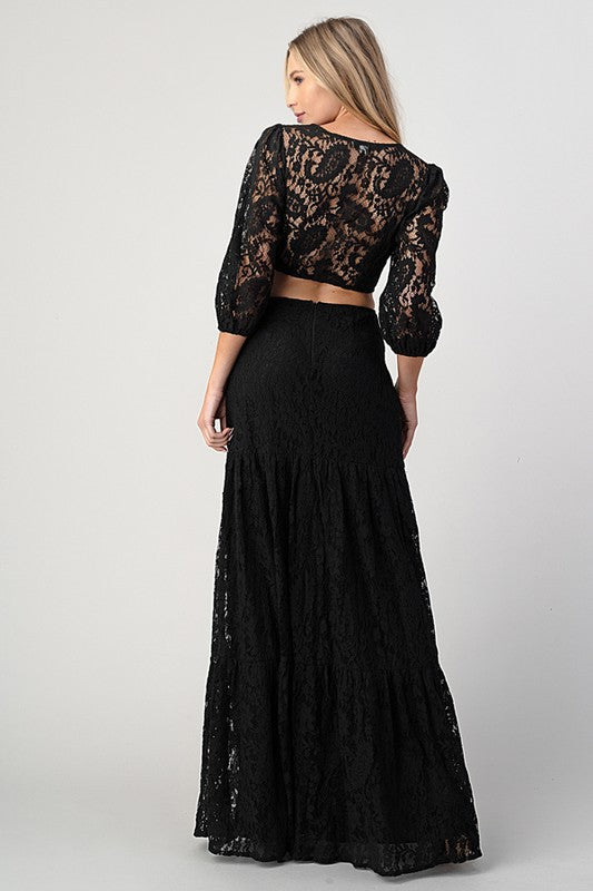 LACE 2 PCS MAXI SKIRT AND CROP FRONT TIE 3/4 SLEEVE TOP