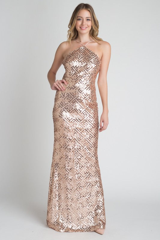 FITTED ROSE GOLD SEQUIN HALTER DRESS