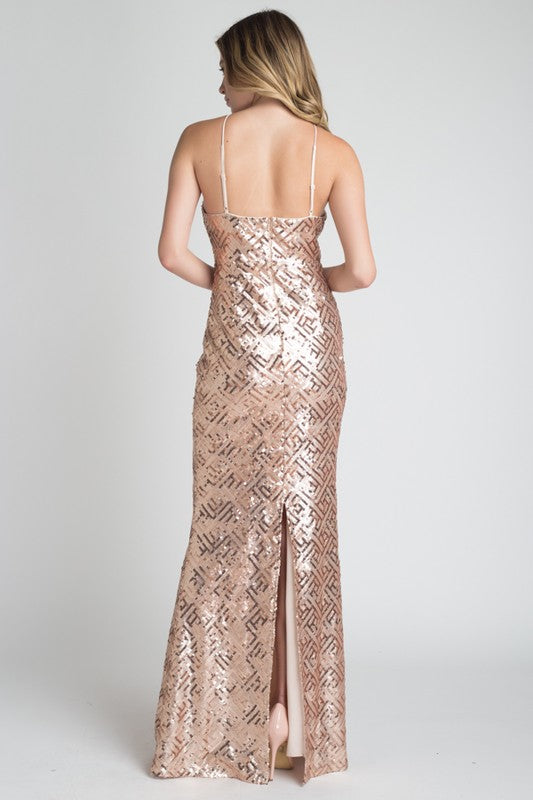 FITTED ROSE GOLD SEQUIN HALTER DRESS