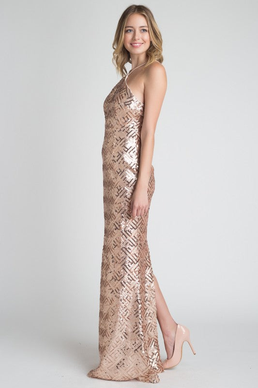 FITTED ROSE GOLD SEQUIN HALTER DRESS