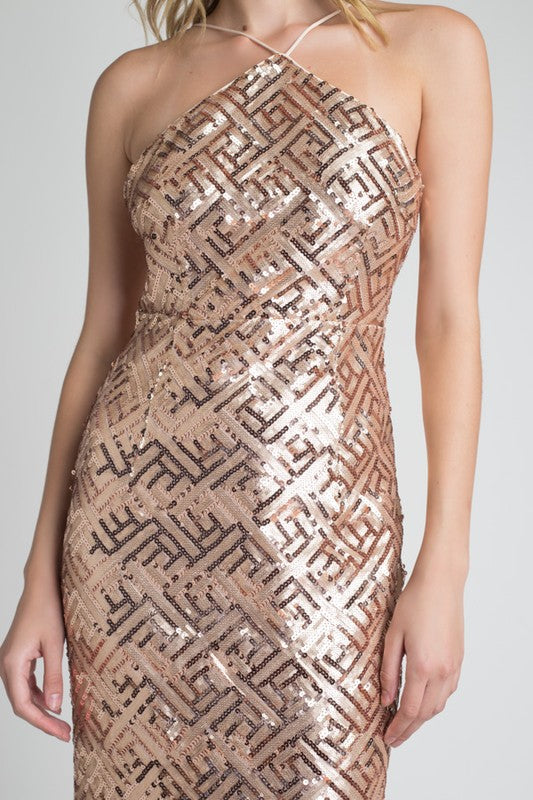 FITTED ROSE GOLD SEQUIN HALTER DRESS