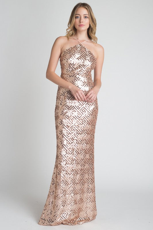 FITTED ROSE GOLD SEQUIN HALTER DRESS