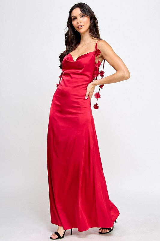SATIN COWL NECK FLOWER STRAP DETAIL MAXI DRESS