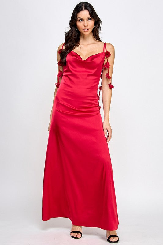 SATIN COWL NECK FLOWER STRAP DETAIL MAXI DRESS