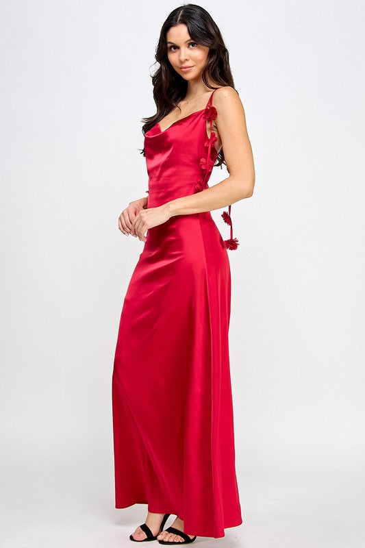 SATIN COWL NECK FLOWER STRAP DETAIL MAXI DRESS