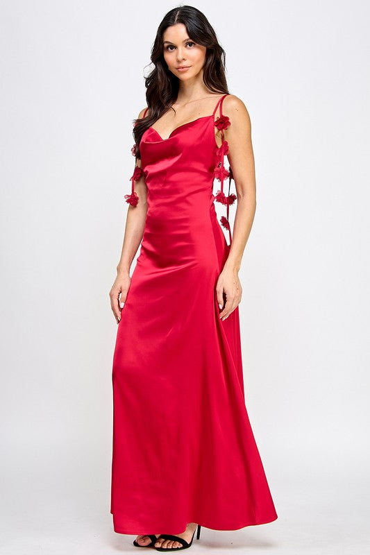 SATIN COWL NECK FLOWER STRAP DETAIL MAXI DRESS