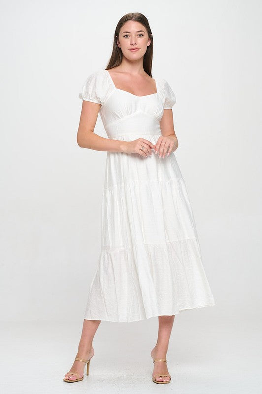 RUFFLE PUFF SLEEVE MIDI DRESS