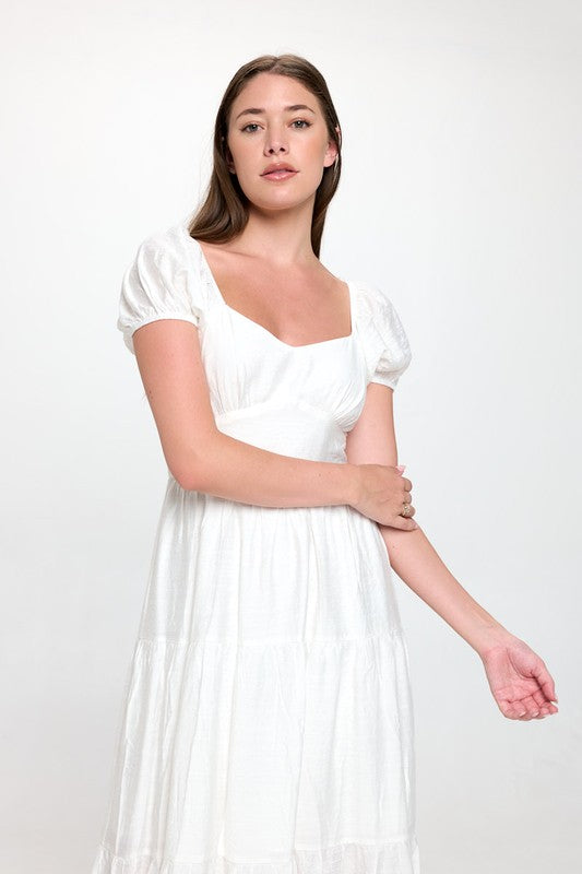 RUFFLE PUFF SLEEVE MIDI DRESS