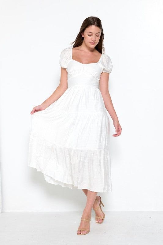 RUFFLE PUFF SLEEVE MIDI DRESS